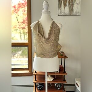 Gold Mesh Open Back Halter Cowl Neck Top